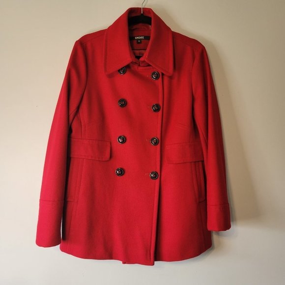 DKNY Red Wool Double Breasted Pea Coat Size 12 - Picture 8 of 12